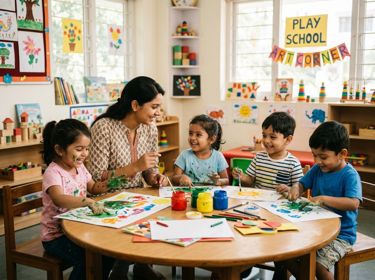 Indian preschool kids doing art and craft